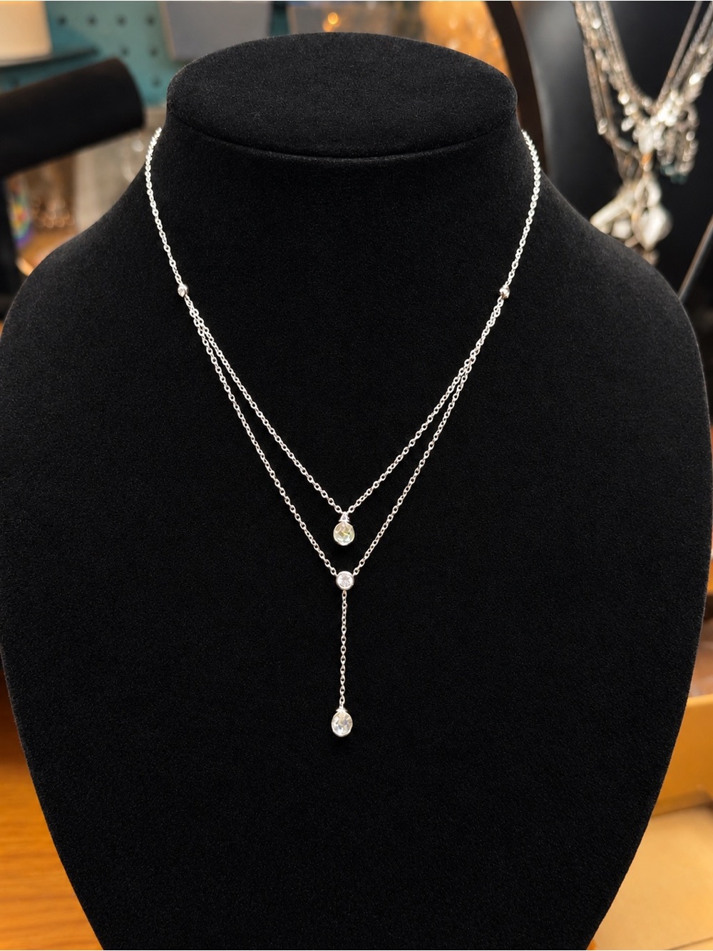 Elegant Silver Lariat Necklace with Swarovski Crystal Drops Silver overlay